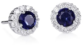 Diamond Treats Damen Ohrstecker aus 925 Sterling Silber mit blauen Zirkonia – klassische runde Halo Ohrstecker, elegante Silber Ohrringe mit funkelnden blauen Steinen