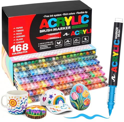 Melifluo 168 Acrylstifte Wasserfest – Acrylmarker mit Pinselspitze 1–6 mm | Direktfluss, Wischfest & Wetterfest – Acrylic Marker für Steine, Glas, Holz, Keramik, Stoff & Leinwand – Künstlerset