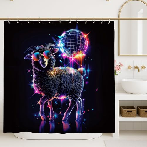 Cortina de ducha con diseño de oveja de discoteca, diseño de oveja negra colorida con lentes de sol, decoración de baño, fiesta divertida, estilo moderno, cortina de ducha de tela impermeable para el