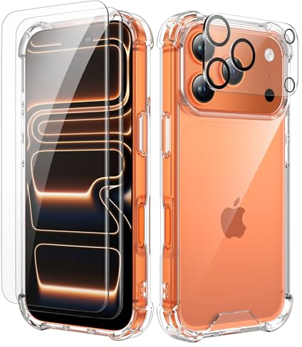 ORETECH Coque pour iPhone 17 Pro avec 2 Verre Trempé Protection écran et 1 Caméra Protecteur, Dos PC Rigide Souple Silicone Bumper Antichoc Protection Housse pour iPhone 17 Pro 6.3(Transparent)