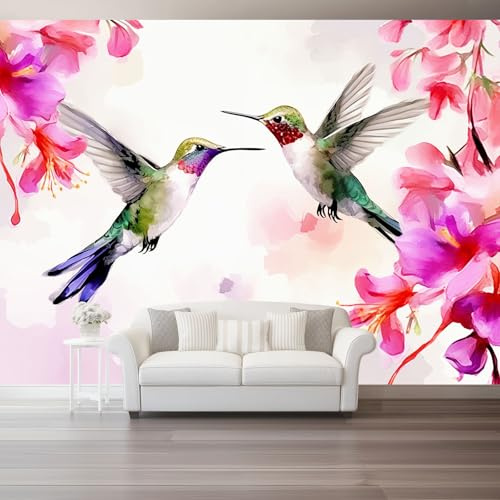 Carta da Parati Fotografica Acquerello Uccelli Piante Fiori 200 x 140 cm, Murale Muro Poster Gigante Design Decorazione per Soggiorno Camera De Letto Sala Ufficio, Colorato