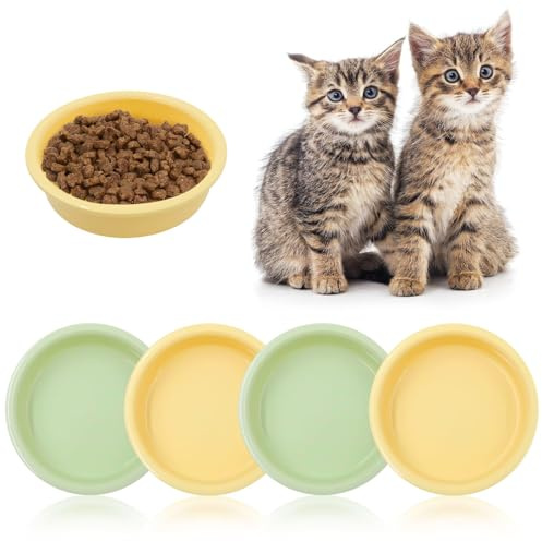 4 Piezas Comedero Gato, Amarillo Verde Recipiente de Alimentación Plano, Lindo Bebedero para Mascotas Gatos y Animales, Cuencos Planos para Comida Seca y Húmeda