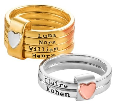 GSTFY Personalised Interlocked Heart Stacking Rings 925 Sterling Silver/Brass Custon 2-5 Names Stackable Ring Sets Family Mother Day Jewelry Birthday Gifts For Women Ladies Grandma