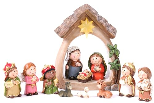 Hperu 12 st LED julkrubba set, heliga familjefigurer med baby Jesus Mary Joseph för jul bordsdekoration – julfigurer