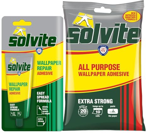 Solvite Wallpaper Repair & All-Purpose Adhesive Bundle - Easy-Spread Seam Repair Glue 56g + Extra Strong Wallpaper Paste 185g, Hangs up to 10 Rolls, Quick-Drying Professional Kit