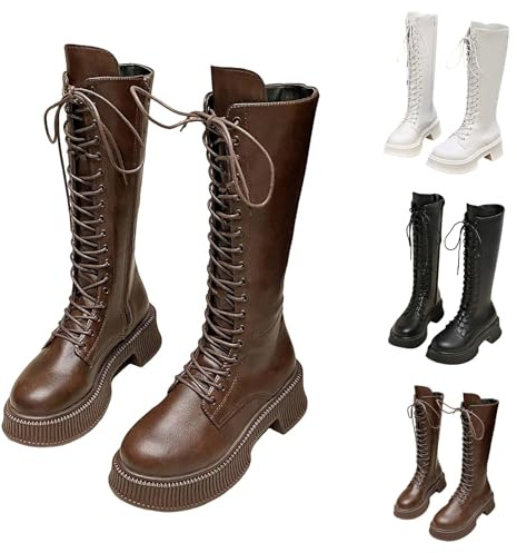 Generisch Botas altas de invierno para mujer, botas largas, planas, antideslizantes, con cordones, botas de equitación, de piel sintética, con puntera redonda, botas occidentales, medias botas, marrón