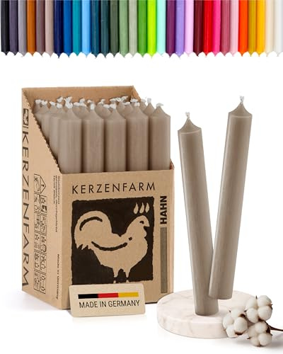 Stabkerzen 10 Stück, 18cm x 2,2cm, Premium Qualität - Deutsche Manufaktur, Kerzenfarm Hahn - lange Brenndauer (8+ Stunden) RAL-Zertifiziert, durchgefärbte Spitzkerzen (Taupe)