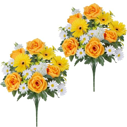 2 Bunches Cemetery Flowers for Grave Vase, 18.9 Artificial Sunflowers Flowers Fake Roses Hyacinths, Silk Floral Arrangements for Indoor living Room kitchen Table Centerpiece Outdoor Gravesites