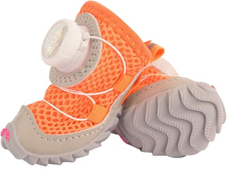 Komfortable Verstellbare Hundeschuhe mit Drehverschluss – Atmungsaktive Sommer Hundeschuhe mit Rutschfester Sohle, Wasserabweisende Pfotenschuhe für Kleine und Mittlere Hunde (Orange, L)