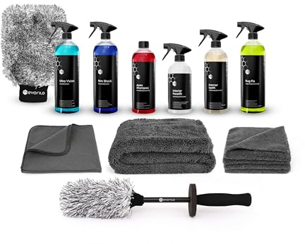 evorilo Autopflege-Komplettset 13-teilig – Premium-Set für Innen & Außen: Fahrzeugwäsche, Felgen, Glas, Innenraum – inkl. Mikrofasertücher, Waschhandschuh, Trockentuch & Felgenbürste