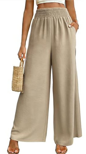 Vossmi Donna Pantaloni Casual Estivi Elegante Pantalone Larghi Vita Alta Elastico Pantaloni da Spiaggia Palazzo con Tasche Donna Tuta Pantalone a Gamba Dritta