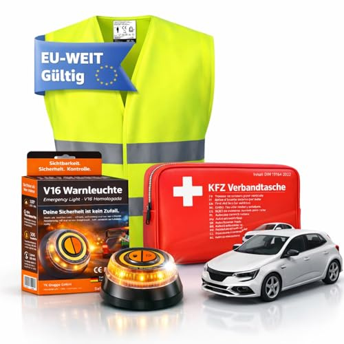 Safeglow 3-i-1 set – varning V16 och varningsväst och förbandslåda – nödljus IDIADA godkännande nr PC21020060 – varningstriangel – för bil och motorcykel (3 i 1 set)