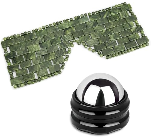 ideayard Jade ögonmask + rostfritt stål kall massage rullboll, hem spa verktyg för puffiga ögon, mörka cirklar och muskelavlastning, varm/kall terapi för muskelavslappning, naturlig jade och gelfyllt