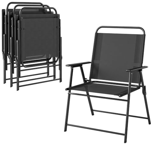 Outsunny Lot de 4 Chaises de Jardin Pliantes avec Accoudoirs Patio Noir | Chaises d'Extérieur, Assise Large en Textilène Respirant, Dossier Haut, Cadre en Acier Robuste, Balcon, Terrasse