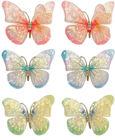 BAUCH Schmetterling Haarspangen 6er Set, 3D Organza Haarklammern mit Glitzer, Pastellfarbverlauf Haarclips für Mädchen & Damen