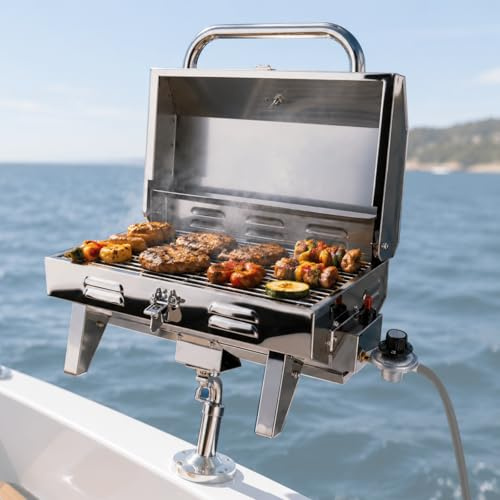 ill with Rod Holder Mount, 304 Stainless Steel Marine Gas BBQ Grill, Portable Outdoor Grill with Insert Pole for Boat, Fishing, Camping, Tailgating and Dock Cooking