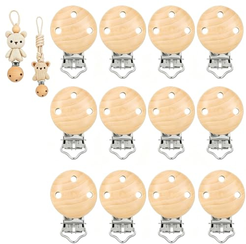 Schnuller Clip,12 Stück Schnullerclip Holz | Baby Schnullerketten Clips,Schnullerketten Zubehör,Rutschfeste Sichere Verschlussklammern,Stabil,Langlebig,Wiederverwendbar