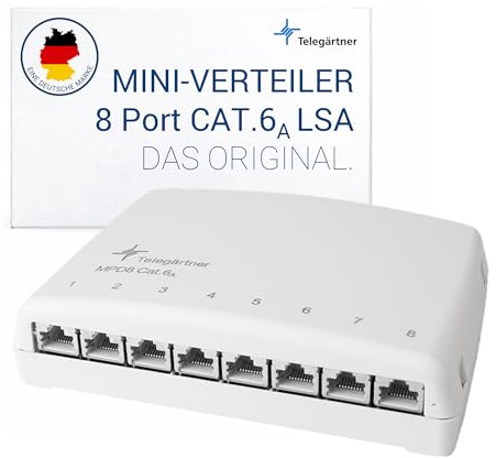 Telegärtner Mini-Verteiler MPD8 Cat.6A alpinweiß | 8-Port RJ45 Mini-Verteiler, werkzeuglose Montage, Tragschienen- und Wandmontage, 10 Gbit/s, PoE+ geeignet, LSA-Plus