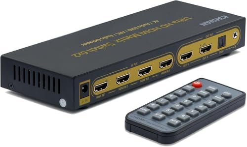 KanaaN Leicke 4K UltraHD HDMI 6x2 Matrix Switch | Fernbedienung | 5.1 Surround SPDIF Optisch + Stereo 3.5mm Klinke Audioausgang | Arc und Pip | FullHD, UHD, 4K, 4K*2K | HDMI 1.4 Standard | HDCP 2.0