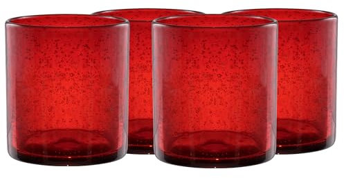 Artland 14oz Double Old Fashion Glass, Set of 4 | Iris Seeded Design, Ruby Red | Drinking Glass for Parties and Everyday Use - Mojito, Whiskey, Cocktail | Glassware & Barware Essentials