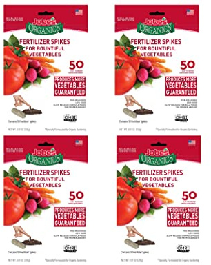 Jobe’s Organics Vegetable & Tomato Fertilizer Spikes, 2-7-4 Time Release Fertilizer for All Vegetables, Herbs and Tomato Plants, 50 Spikes per Package (4, 1 Pack)