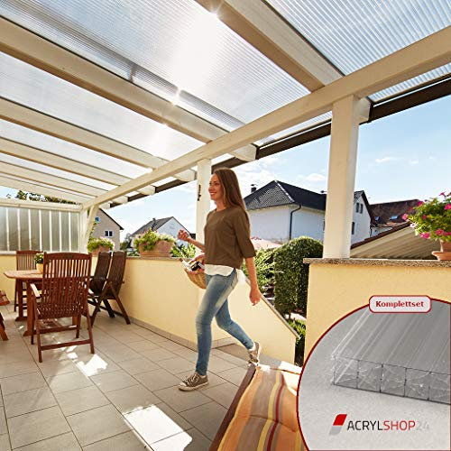 Acrylshop24 Terrassendach Terrassenüberdachung Carport Komplettset Polycarbonat 16mm X-Struktur Stegplatten farblos 16mm Stegplatten Tiefe:4000mm|Breite:7130mm - Mehrere Maße verfügbar