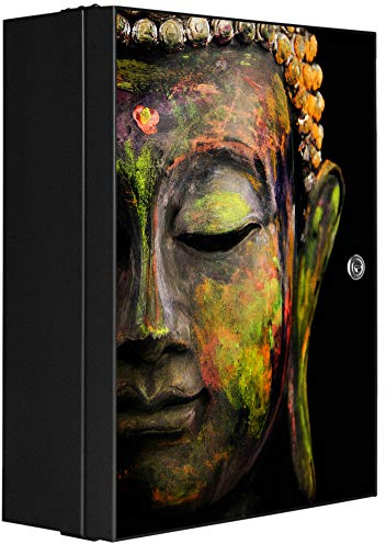 banjado Medizinschrank abschliessbar mit Motiv Bunter Buddha 35x46x15cm - großer Arzneischrank für die Hausapotheke - Medikamentenschrank aus Metall zur Medikamenten Aufbewahrung