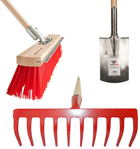SHW-FIRE Set: Gärtnerspaten mit T-Griff, Gartenrechen 10 Zinken, Besen | Für Garten & Bodenbearbeitung | Umgraben, Einebnen & Reinigen | Wege, Beete & Garten sauber & ordentlich halten