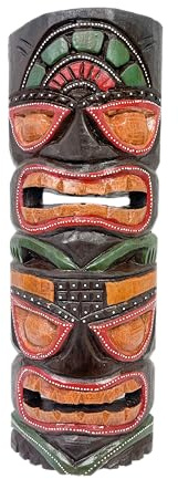 My Family House Wall Hanging Double Tiki Mask Hand Carved Albesia Wood Decoration - 40 cm