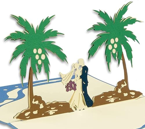 Pop-Up Karte Karibik Hochzeit – 3D Strand Grußkarte, N340 | Palmen, Strand, Brautpaar, aufklappbar, Karibik, Hochzeitsgeschenk