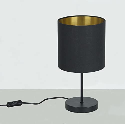 Trango 2018-10B Nachttischlampe *SOUL* Stoffschirm Tischleuchte in Schwarz-Gold inkl. Kabelschalter & E27 Fassung Fenster Lampe, Nachttischleuchte, Schreibtischleuchte, Tischlampe ohne Leuchtmittel