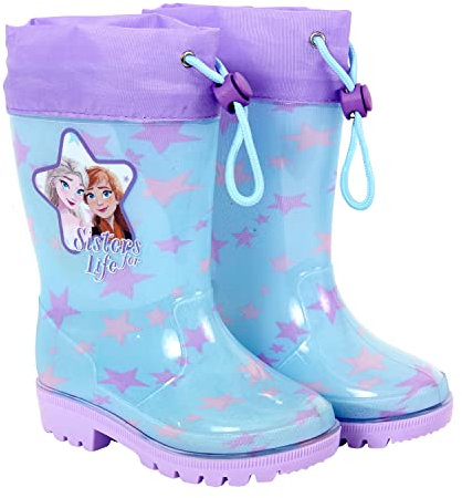 Stivaletti Pioggia Bambina con Anna Elsa Frozen - Stivali Disney Gomma Celeste e Lilla con Stelle - Galosce per Bimba Impermeabili con Suola Antiscivolo e Chiusura a Coulisse (Celeste, 24/25 EU)