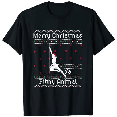 PoleSpin Damen Pole-Dance-Weihnachten T-Shirt Schwarz Klein Klassisch Kurzarm Ugly Christmas Sweater Winter