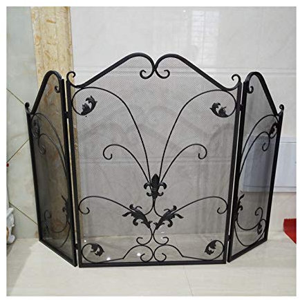 DYPASA Kaminschutz 3 Panel Schmiedeeisen Kaminschutz Blätter Schmiedeeisen Dekoration Kaminschutz Funkenschutz für Kaminzubehör Funkenschutzabdeckung (Farbe: Schwarz)