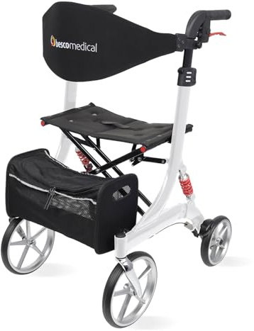 Leichtgewicht-Rollator SPRING - Komfort-Federung - Modell S Polarweiß | höhenverstellbar & faltbar - Gehhilfe inkl. Netztasche & breitem Rückengurt - bequeme Sitzfläche - zusammenklappbar