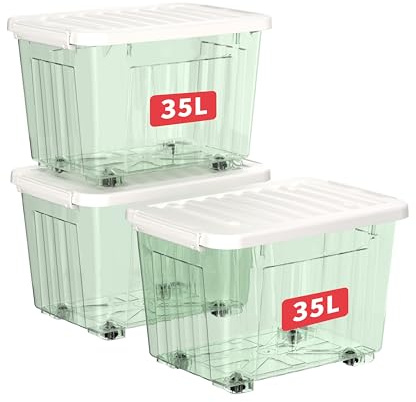 Cetomo 35L*3 Scatole di Stoccaggio con Coperchi, Contenitori in Plastica con Ruote, Clip On, Impilabili, Incastonabili, Organizzatore a Righe per Casa Ufficio, Verde Chiaro, 35L-3 Pezzi