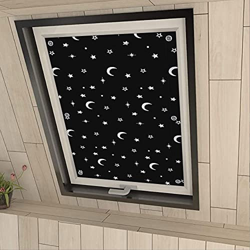 Eurohome 100% Verdunkelung Dachfenster Rollo ohne Bohren Sonnenschutz Verdunkelungsrollo mit Saugnäpfen für Velux-Fenster Mond Sterne 60x98 cm für MK06