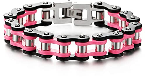COOLSTEELANDBEYOND Ladies Stainless Steel Pink Black Motorcycle Bike Chain Bracelet with Buckle Clasp Polished