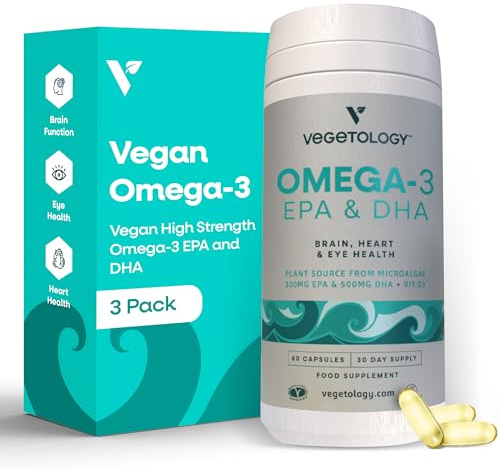 VEGETOLOGY Vegan Omega 3 Supplement – EPA, DHA Supplements & Vitamin D3 – Algae Omega 3 Vegan Supplements for Brain, Eye & Heart Health – for Kids & Adults (180 Capsules)