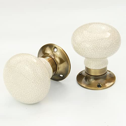 UNDERGROUND PARTS Jones & Grey Cream Ceramic Crackle Glaze Round Door Knobs Handles Antique Brass