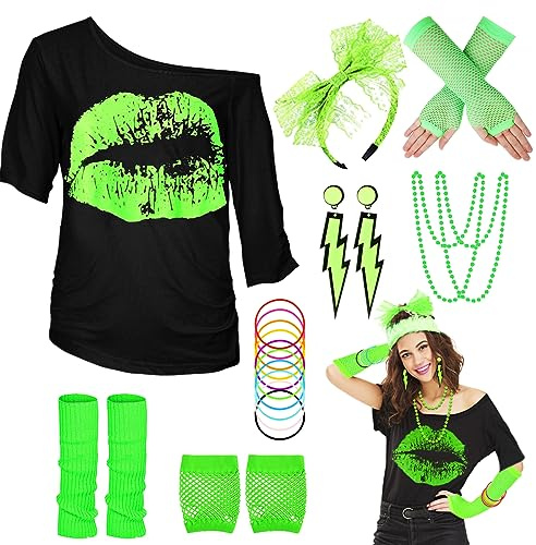 80er 90er Jahre Outfit Damen, T-Shirt, Beinwärmer, Stirnband, Ohrring, Halskette, Netzhandschuhe, 80er 90er Jahre Kostüm Mottoparty Accessoires Kleidung Neon Party Karneval Fasching Damen