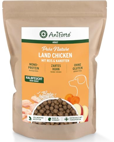 AniForte Huhn Trockenfutter für Hunde 2kg – Zartes Huhn mit Reis & Möhren, Vitamine für Hunde, Halbfeuchtes Trockenfutter, Hundefutter trocken glutenfrei für Allergiker