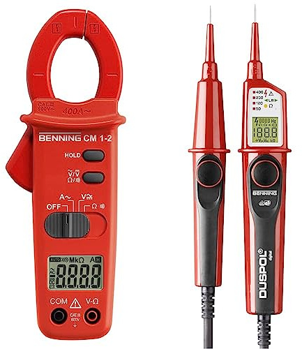 Benning CM 1-2 Digital- Stromzangen-Multimeter (Anzeige digital, Strommessbereich/AC 0.1 A - 400 A, 3 ½-stellige LCD-Anzeige 44062 & DUSPOL digital Digitaler True RMS Spannungsprüfer 50263