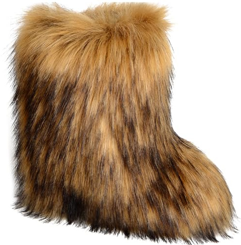 Valpeak Snow Boots for Women 2023 Furry Boots Winter Knee High Flat Heel Fluffy Faux Fur Boots(Natural,10)