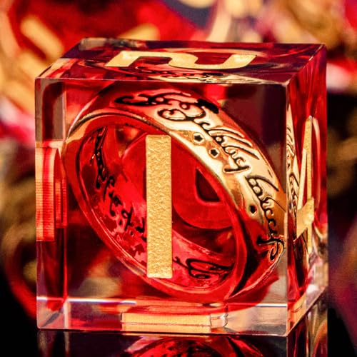 ORIFANTOU Magischer goldener Ring DND-Würfel-Set, scharfe Kanten, aus Kunstharz, mit Box, für die Verwendung mit Dungeons Dragon RPG, D&D, Tischspiele, Lord D und D, polyedrisches Würfelset