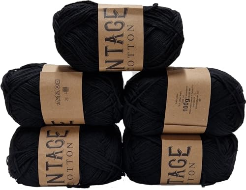 5 x Black Vintage Cotton 100g Crochet & Knitting Wool Yarn/Wool