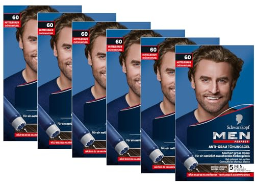 Men Perfect Gel tinta anti-grigio 60 marrone medio (6 x 80 ml), colore per capelli da uomo dissolve i capelli grigi, tinta anti-grigia per un risultato naturale