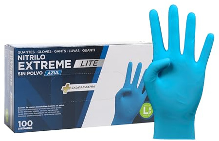 COM-FORT HOUSE Guantes de Nitrilo Extreme Lite Azules Talla L 100 Uds | Sin polvo, Ambidiestros, Alta resistencia, Mayor protección
