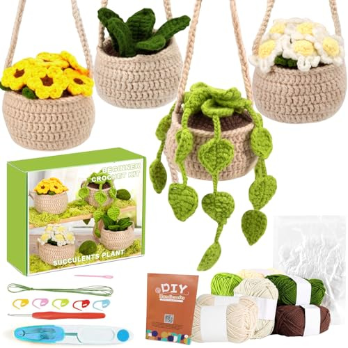 LYKTRIX Kit de Crochet pour Débutants, 4 - pièce Set avec Plante Suspendue. Avec Vidéo et Instructions (Français non garanti). Cadeau parfait pour Mères, Amies, activités de tricot.