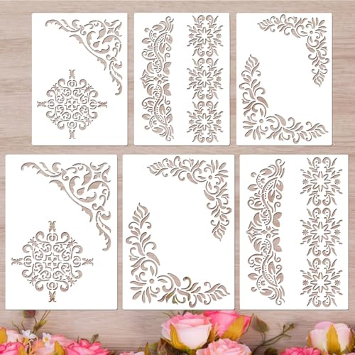 6 Pcs Stencils for Painting, Vintage Floral Border Stencil, Corner Paint Template, Reusable Damask Furniture Stencils for Wood Wall Canvas Paper Fabric Floor DIY Art Craft